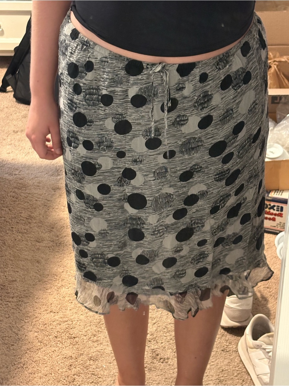 Vintage Sunny Leigh 100% Silk Black and Gray Polka Dot Midi Skirt